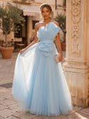 A Line Tulle Strapless Sleeveless Long Formal Dresses with Belt