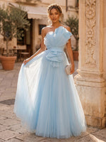 A Line Tulle Strapless Sleeveless Long Formal Dresses with Belt