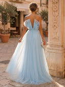 A Line Tulle Strapless Sleeveless Long Formal Dresses with Belt