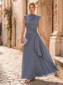A Line Chiffon High Neck Cap Sleeve Long Formal Dresses