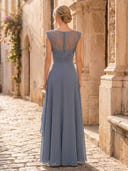 A Line Chiffon High Neck Cap Sleeve Long Formal Dresses