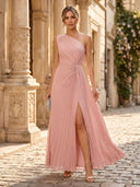 A Line Chiffon One Shoulder Sleeveless Long Formal Dresses with Slit