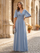 A Line Chiffon V Neck Short Sleeve Long Formal Dresses