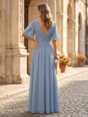 A Line Chiffon V Neck Short Sleeve Long Formal Dresses