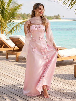 Satin A Line Strapless Sleeveless Long Formal Dresses