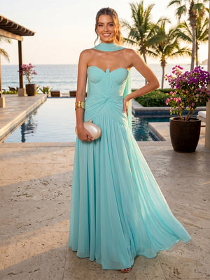 A Line Strapless Chiffon Sleeveless Long Formal Dresses