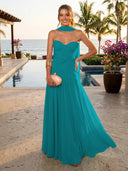 Chiffon A Line Formal Dresses Sweetheart Sleeveless Long Wedding Guest Maxi Dresses
