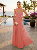 Chiffon A Line Formal Dresses Sweetheart Sleeveless Long Wedding Guest Maxi Dresses