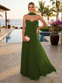 Chiffon A Line Formal Dresses Sweetheart Sleeveless Long Wedding Guest Maxi Dresses