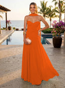 Chiffon A Line Formal Dresses Sweetheart Sleeveless Long Wedding Guest Maxi Dresses