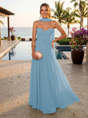Chiffon A Line Formal Dresses Sweetheart Sleeveless Long Wedding Guest Maxi Dresses