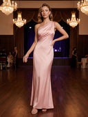 Satin Sheath One Shoulder Formal Dresses Wedding Guest Sleeveless Maxi Dresses