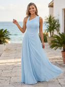 A Line Chiffon One Shoulder Sleeveless Long Formal Dresses