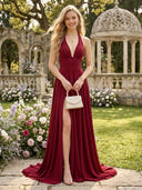A Line Chiffon Halter Sleeveless Long Formal Dresses with Slit