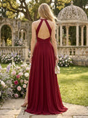 A Line Chiffon Halter Sleeveless Long Formal Dresses with Slit
