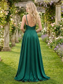 A Line Satin V Neck Sleeveless Long Formal Dresses with Slit