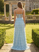 Sparkly A Line Tiered Tulle Corset Long Formal Dresses with Slit