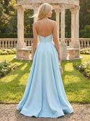 Satin Strapless A Line Sleeveless Long Formal Dresses with Slit