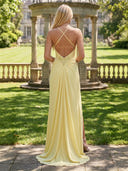 Satin A Line V Neck Spaghetti Straps Sleeveless Long Formal Dresses with Slit