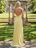Satin A Line V Neck Spaghetti Straps Sleeveless Long Formal Dresses with Slit Wedding Guest Maxi Dresses