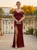Sequin A Line Off Shoulder Long Formal Dresses with Slit