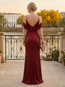 Sequin A Line Off Shoulder Long Formal Dresses with Slit