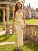 Satin V Neck A Line Sleeveless Ruffles Long Formal Dresses