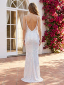 Sequin V Neck Spaghetti Straps Mermaid Sleeveless Long Formal Dresses