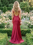 Satin V Neck Spaghetti Straps Mermaid Long Formal Dresses with Slit