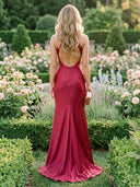 Satin V Neck Spaghetti Straps Mermaid Long Formal Dresses with Slit Wedding Guest Maxi Dresses