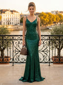 Sequin V Neck Mermaid Sleeveless Long Formal Dresses with Slit