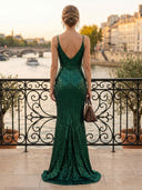 Sequin V Neck Mermaid Sleeveless Long Formal Dresses with Slit