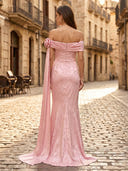Jacquard Mermaid Off Shoulder Long Formal Dresses with Flower