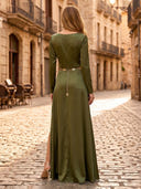 Satin Mermaid Cowl Neck Long Sleeves Long Formal Dresses with Slit
