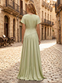 Satin A Line V Neck Short Sleeves Long Formal Dresses with Slit