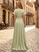 Satin A Line V Neck Short Sleeves Long Formal Dresses with Slit Wedding Guest Maxi Dresses