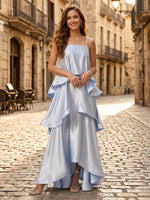 Satin A Line Square Neck Spaghetti Straps Long Formal Dresses with Tiered