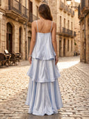 Satin A Line Square Neck Spaghetti Straps Long Formal Dresses with Tiered
