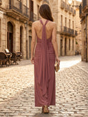 Tulle Mermaid Halter Sleeveless Long Formal Dresses with Pleated