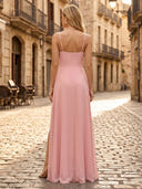 Chiffon A Line V Neck Spaghetti Straps Long Formal Dresses with Slit