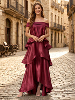 Satin A Line Off Shoulder Long Formal Dresses with Tiered