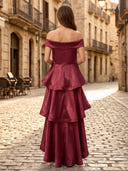 Satin A Line Off Shoulder Long Formal Dresses with Tiered