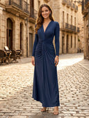 Tulle Mermaid V Neck Long Sleeves Long Formal Dresses with Pleated