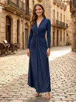 Tulle Mermaid V Neck Long Sleeves Long Formal Dresses with Pleated
