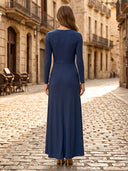 Tulle Mermaid V Neck Long Sleeves Long Formal Dresses with Pleated Wedding Guest Maxi Dresses