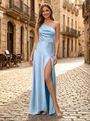 Satin Mermaid One Shoulder Long Formal Dresses with Slit