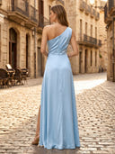 Satin Mermaid One Shoulder Long Formal Dresses with Slit