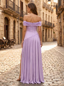 Satin A Line Off Shoulder Long Formal Dresses with Slit