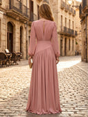 Chiffon A Line V Neck Long Sleeves Long Formal Dresses with Slit