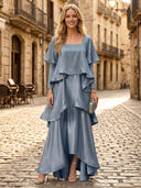 Satin A Line Square Neck Long Sleeves Long Formal Dresses with Tiered